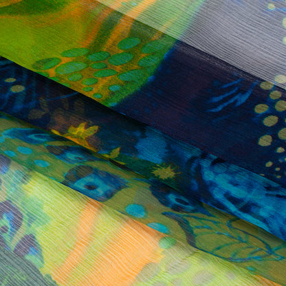 Crinkled Silk Chiffon Print - Green, Yellow and Blue Abstract Florals - Deadstock