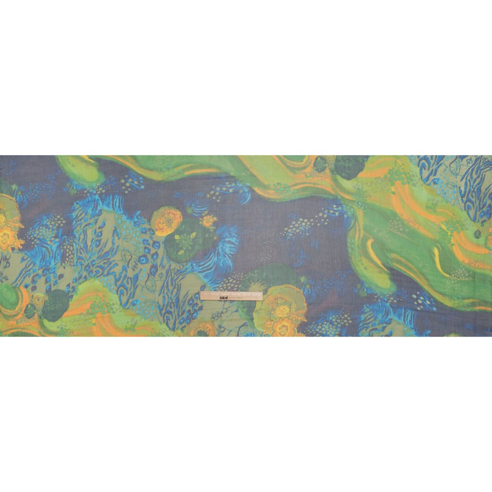 Crinkled Silk Chiffon Print - Green, Yellow and Blue Abstract Florals - Deadstock
