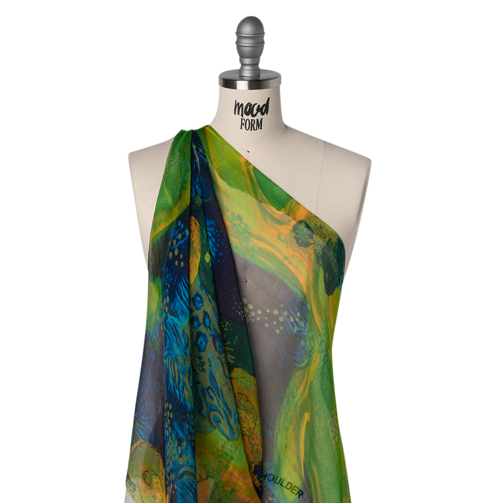 Crinkled Silk Chiffon Print - Green, Yellow and Blue Abstract Florals - Deadstock