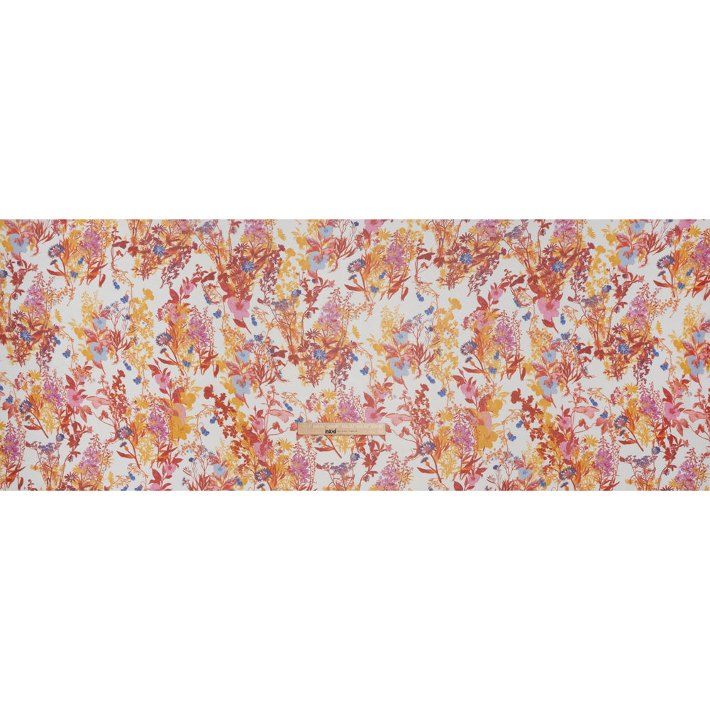 Crinkled Silk Chiffon Print - Red, Yellow and Orchid Pink Wildflowers - Deadstock