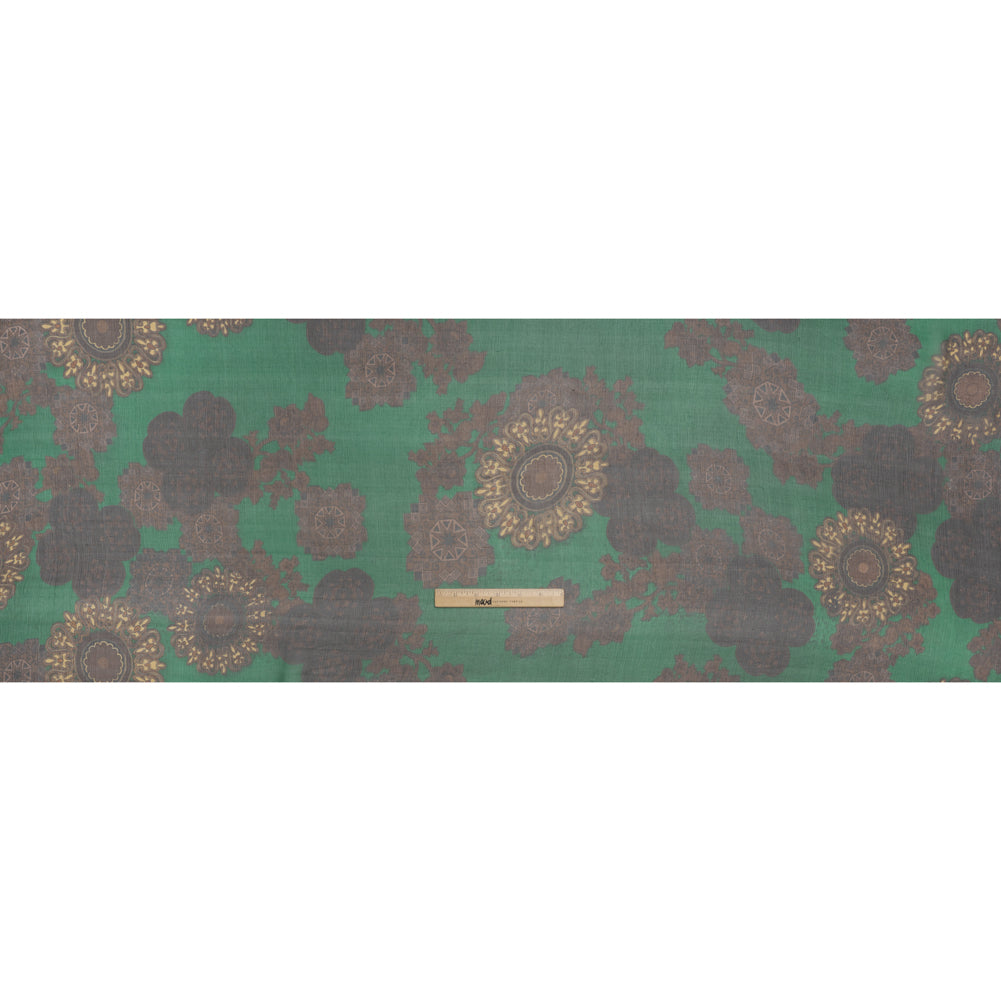 Crinkled Silk Chiffon Print - Green, Brown and Beige Medallions - Deadstock