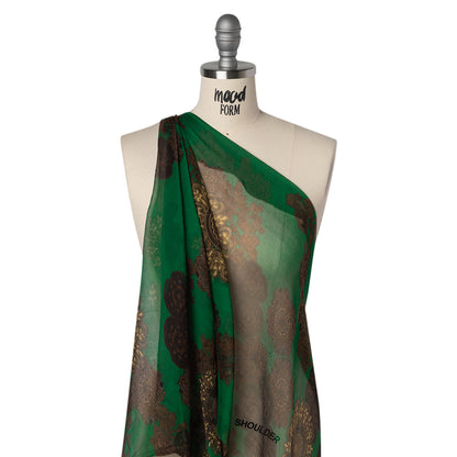 Crinkled Silk Chiffon Print - Green, Brown and Beige Medallions - Deadstock