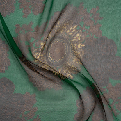 Crinkled Silk Chiffon Print - Green, Brown and Beige Medallions - Deadstock