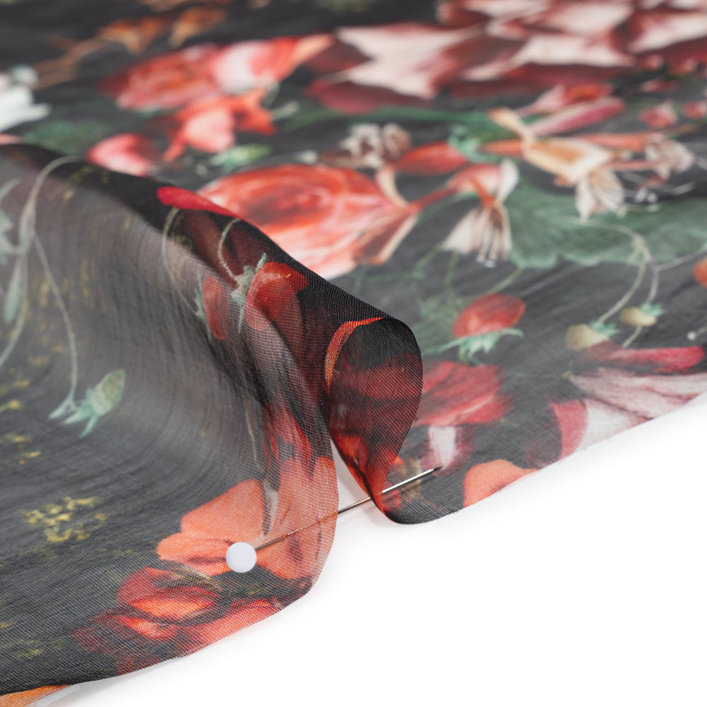 Silk Voile Print - Black, Red and Yellow Bouquets - Deadstock