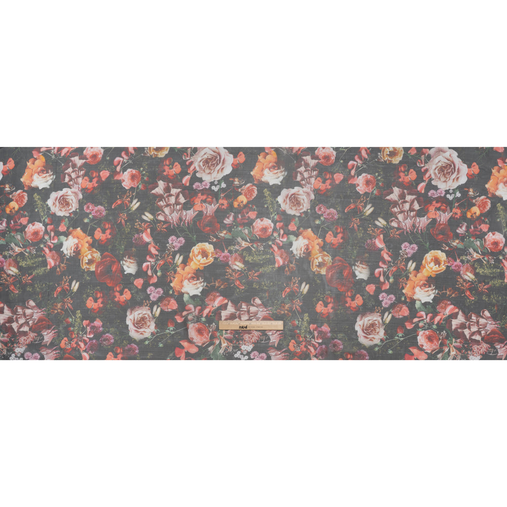 Silk Voile Print - Black, Red and Yellow Bouquets - Deadstock