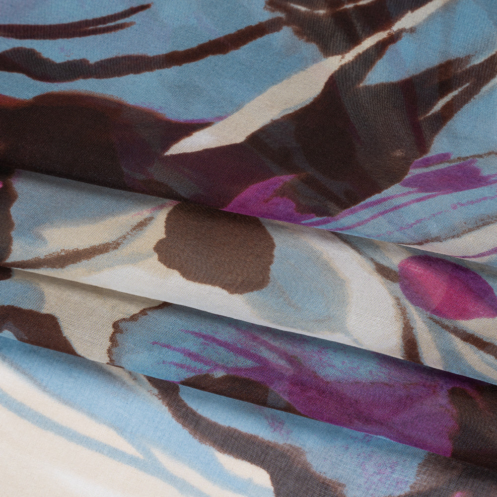 Silk Voile Print - Magenta, Brown and Sky Blue Painterly Flowers - Deadstock - Folded
