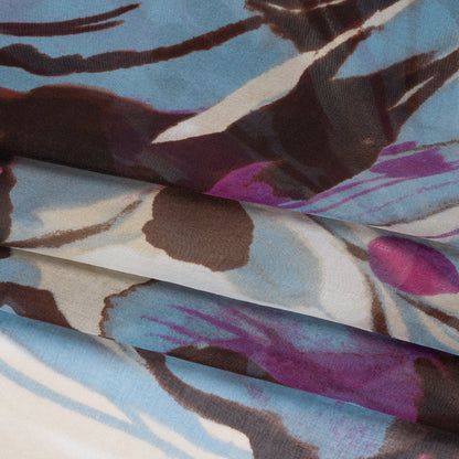Silk Voile Print - Magenta, Brown and Sky Blue Painterly Flowers - Deadstock