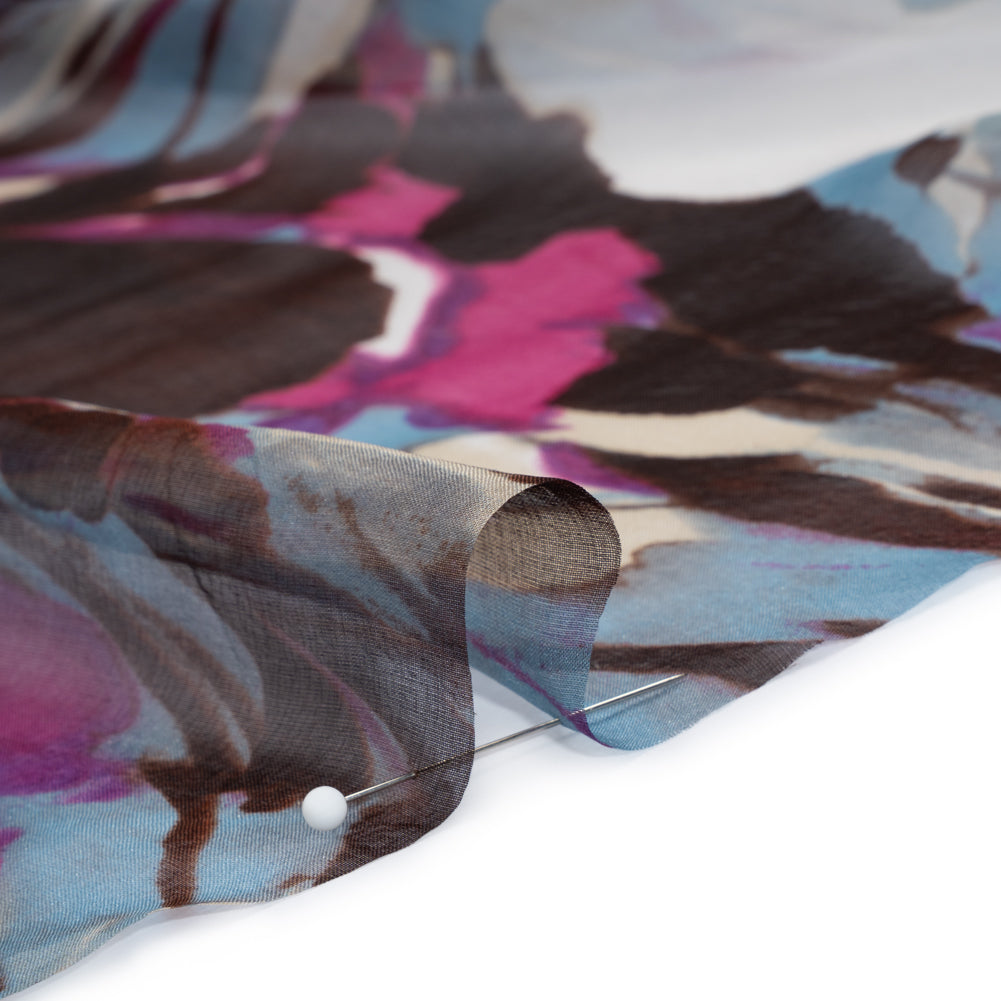 Silk Voile Print - Magenta, Brown and Sky Blue Painterly Flowers - Deadstock - Detail