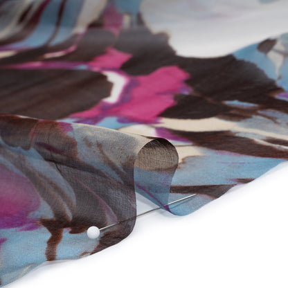 Silk Voile Print - Magenta, Brown and Sky Blue Painterly Flowers - Deadstock