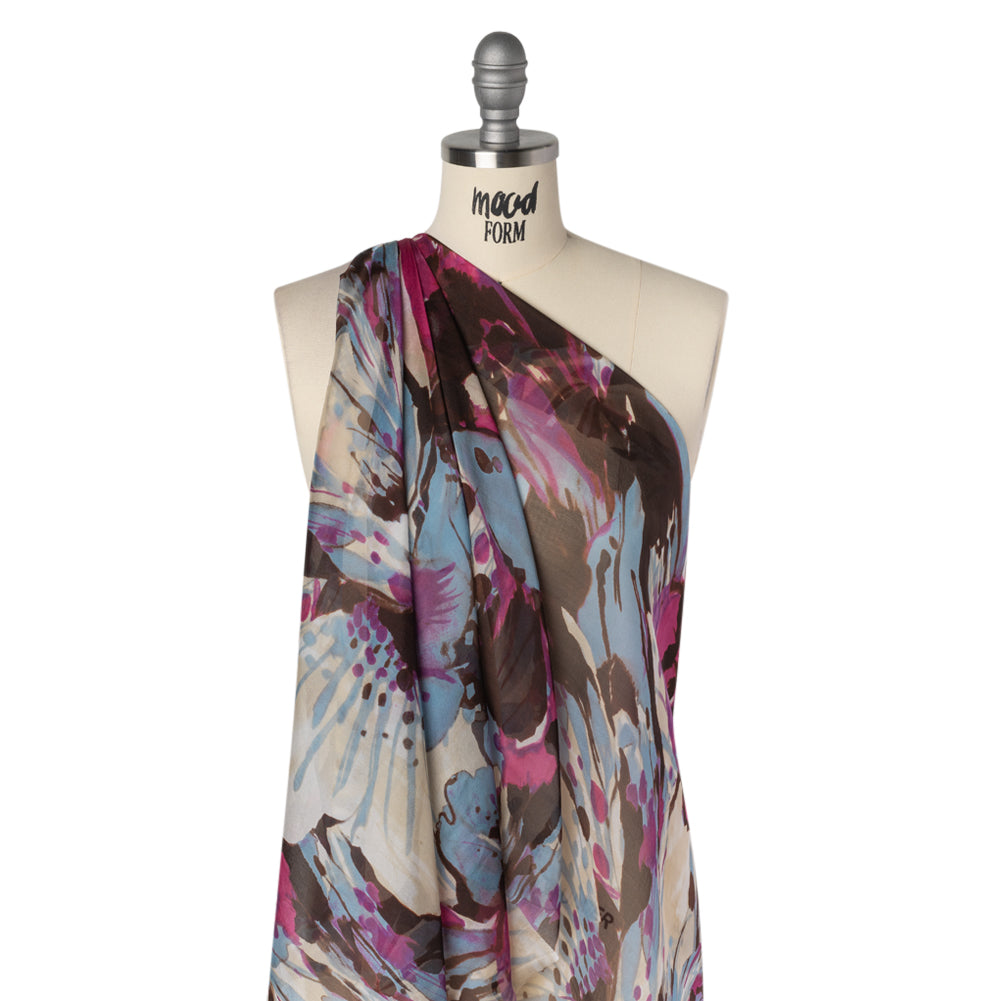 Silk Voile Print - Magenta, Brown and Sky Blue Painterly Flowers - Deadstock - Drape
