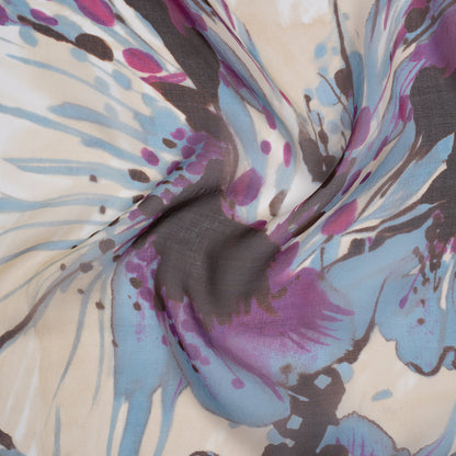 Silk Voile Print - Magenta, Brown and Sky Blue Painterly Flowers - Deadstock