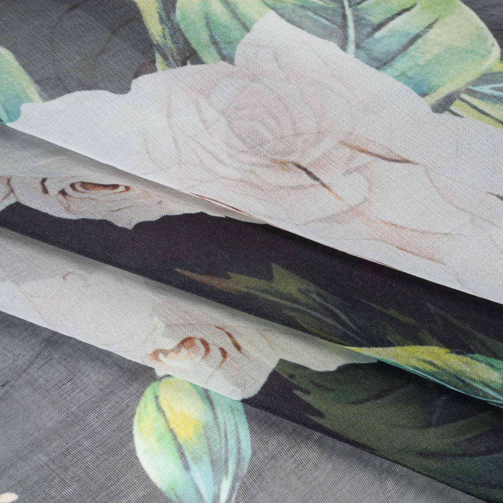 Silk Voile Print - Black, White and Green Roses - Deadstock