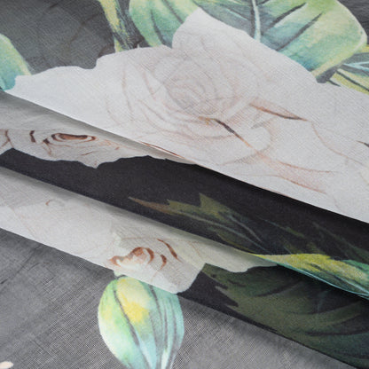 Silk Voile Print - Black, White and Green Roses - Deadstock