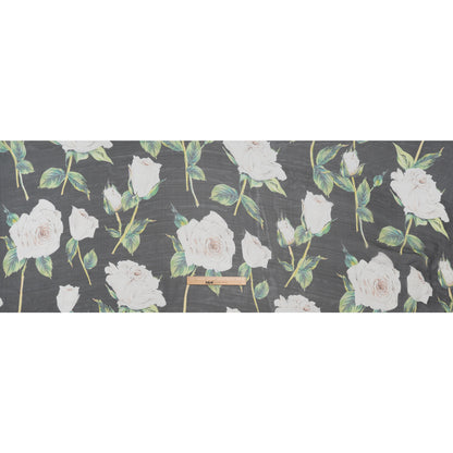 Silk Voile Print - Black, White and Green Roses - Deadstock