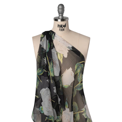 Silk Voile Print - Black, White and Green Roses - Deadstock