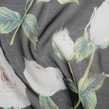 Silk Voile Print - Black, White and Green Roses - Deadstock