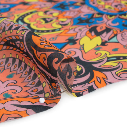 China Silk/Habotai Print - Orange, Pink and Blue Paisley Circus - Deadstock