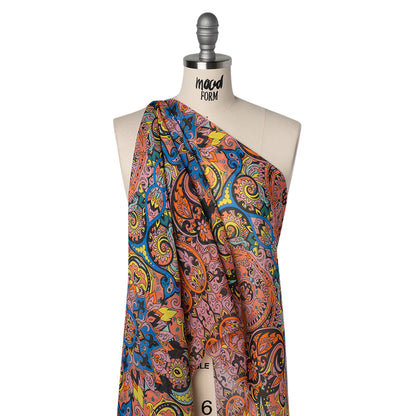 China Silk/Habotai Print - Orange, Pink and Blue Paisley Circus - Deadstock