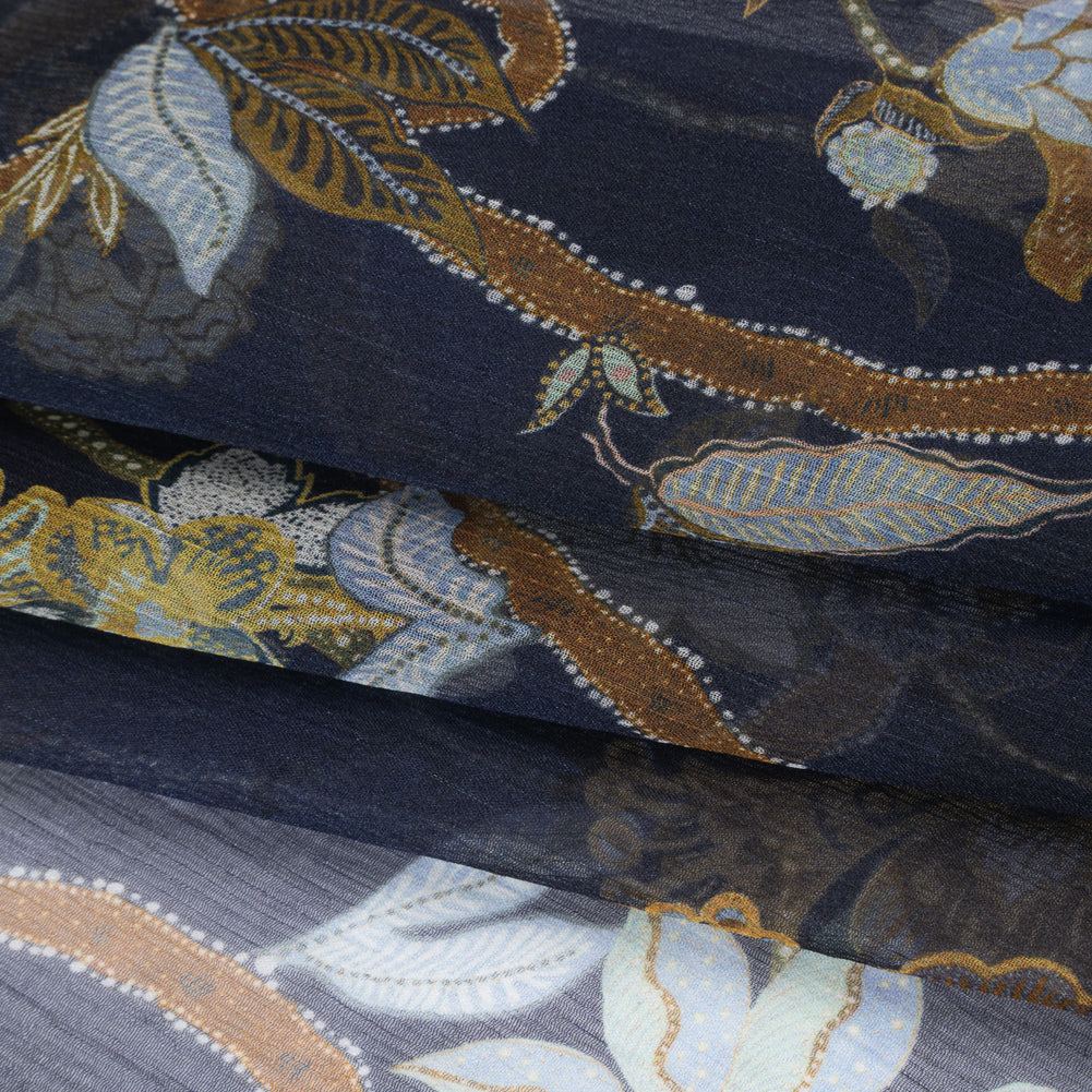 Crinkled Silk Chiffon Print - Navy, Brown and Muted Blue Jacobean Florals - Deadstock - Folded