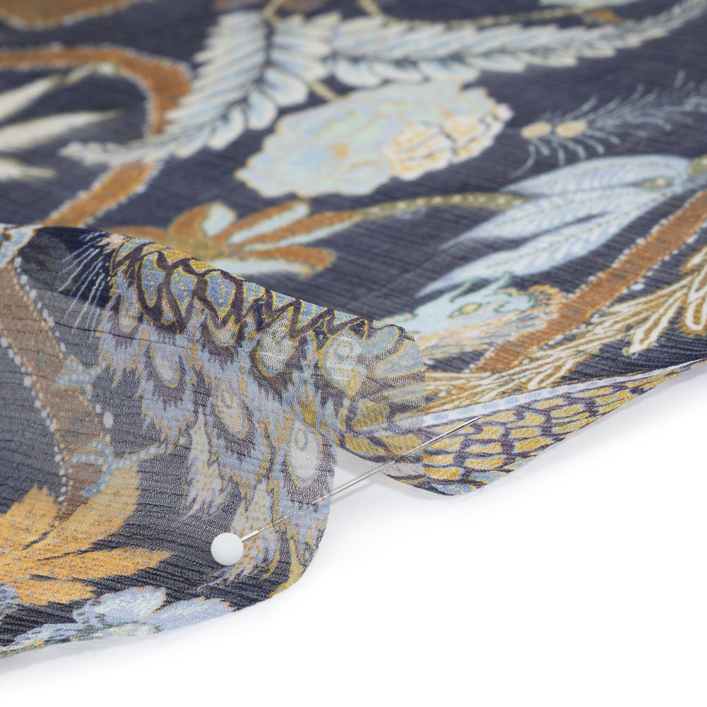 Crinkled Silk Chiffon Print - Navy, Brown and Muted Blue Jacobean Florals - Deadstock - Detail