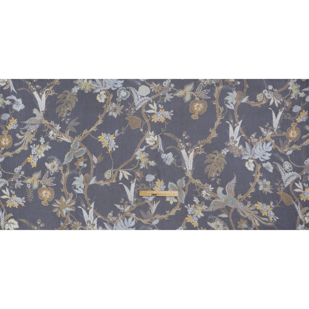 Crinkled Silk Chiffon Print - Navy, Brown and Muted Blue Jacobean Florals - Deadstock - Full