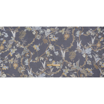 Crinkled Silk Chiffon Print - Navy, Brown and Muted Blue Jacobean Florals - Deadstock