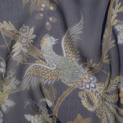 Crinkled Silk Chiffon Print - Navy, Brown and Muted Blue Jacobean Florals - Deadstock