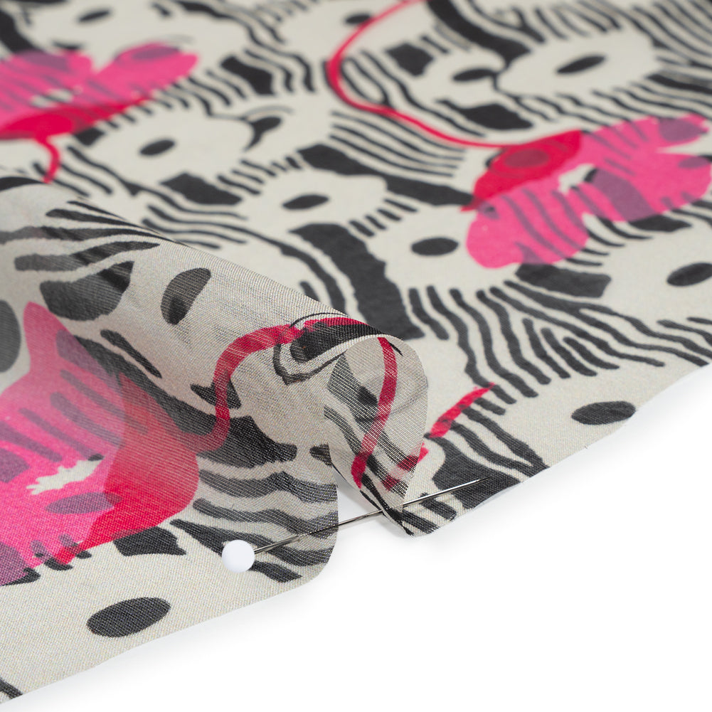 Silk Voile Print - Pink, White and Black Flowers and Stripes - Deadstock