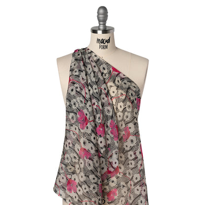 Silk Voile Print - Pink, White and Black Flowers and Stripes - Deadstock