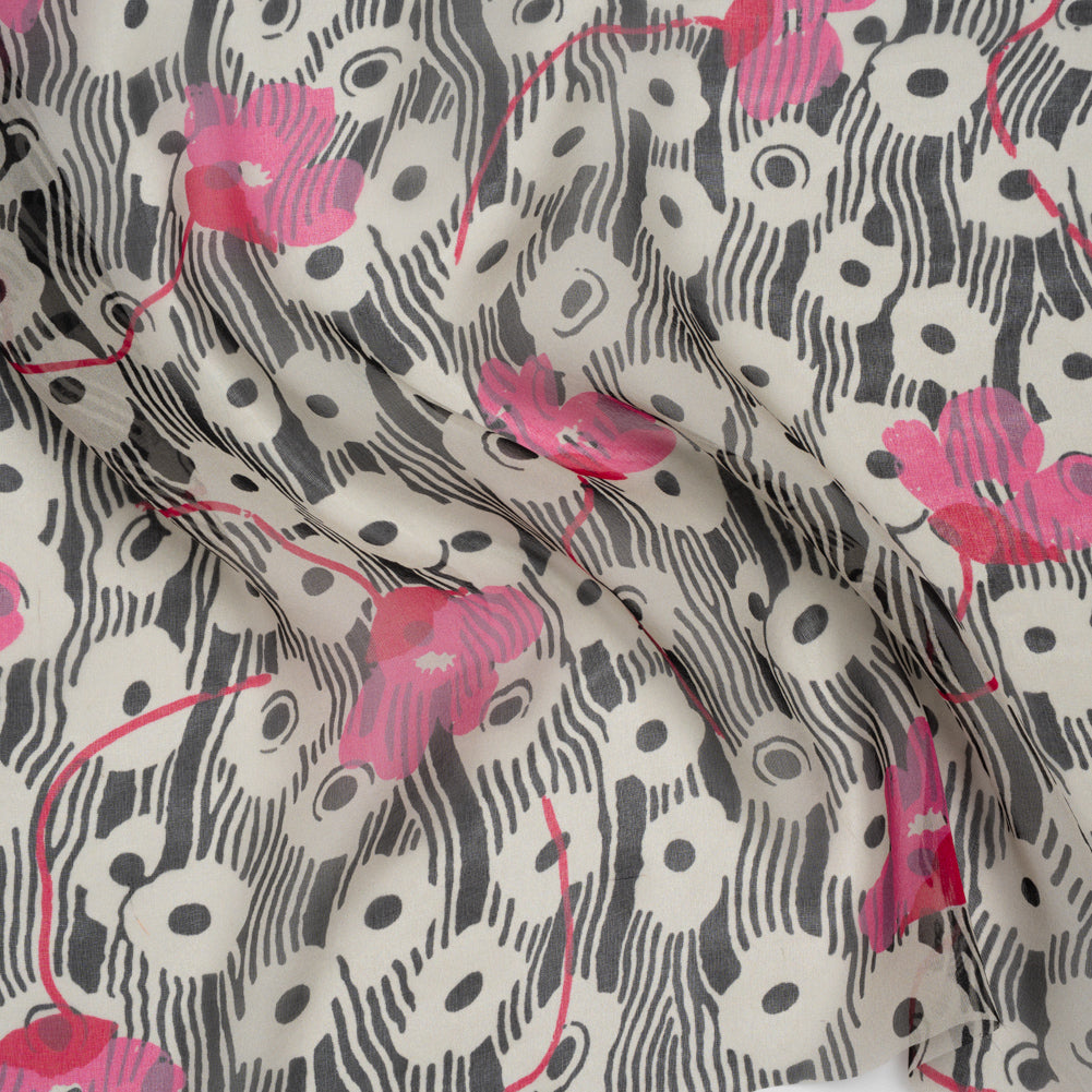 Silk Voile Print - Pink, White and Black Flowers and Stripes - Deadstock