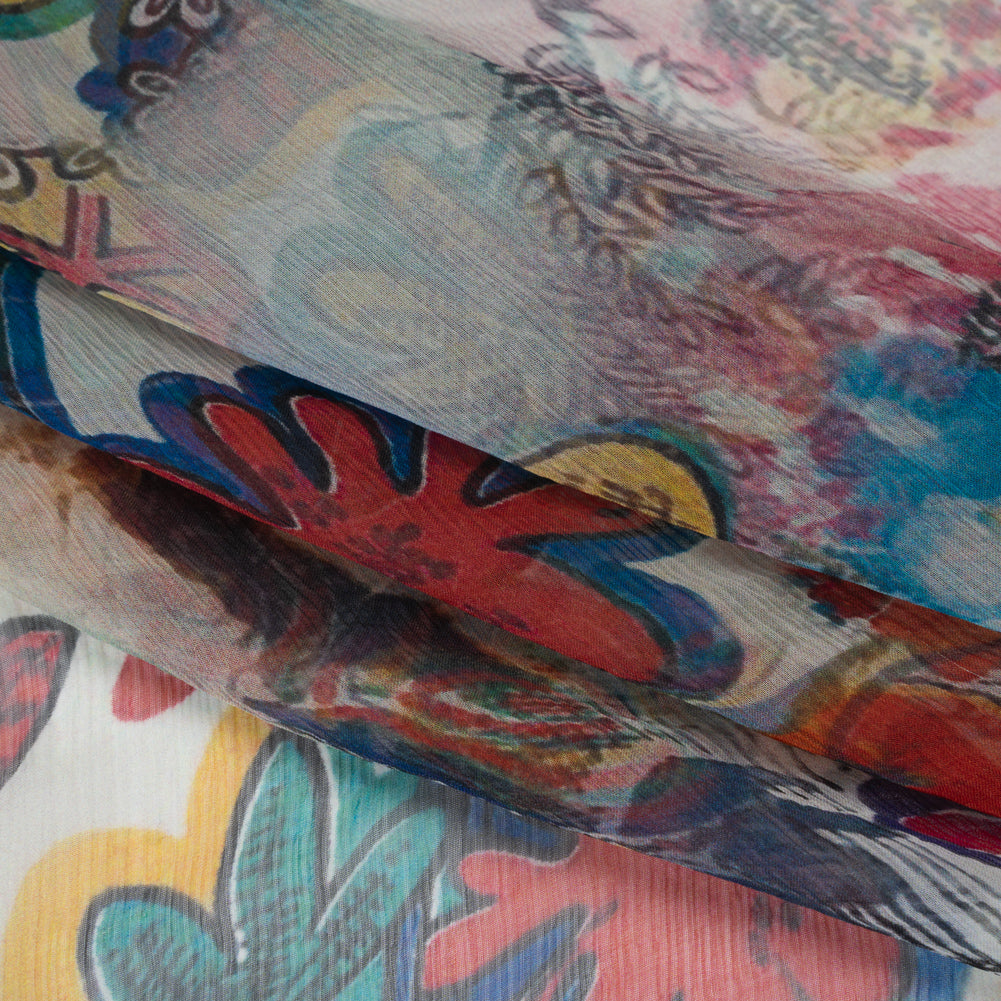 Crinkled Silk Chiffon Print - White, Pink and Yellow Floral - Deadstock