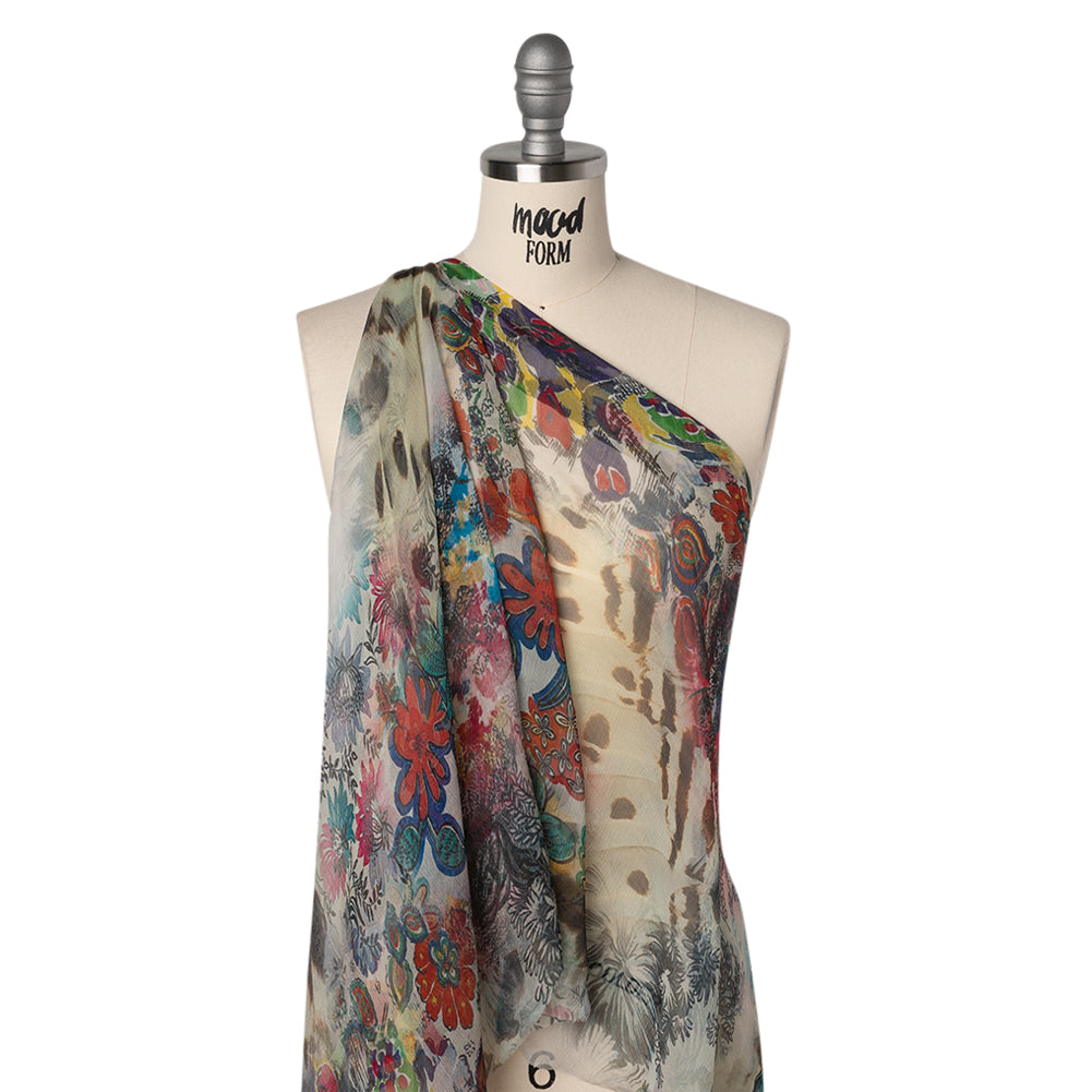 Crinkled Silk Chiffon Print - White, Pink and Yellow Floral - Deadstock