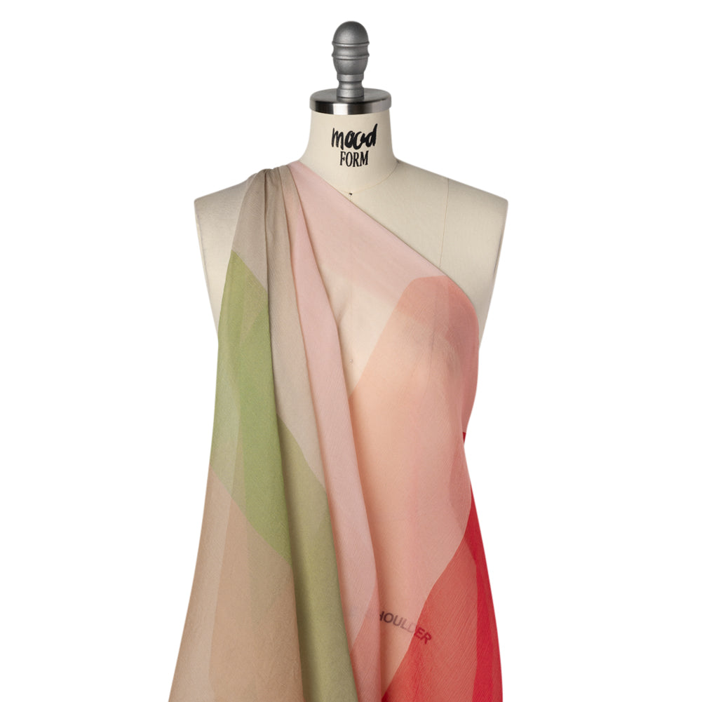 Crinkled Silk Chiffon Print - Sage Green, Pale Pink and Magenta Wide Stripes - Deadstock - Drape