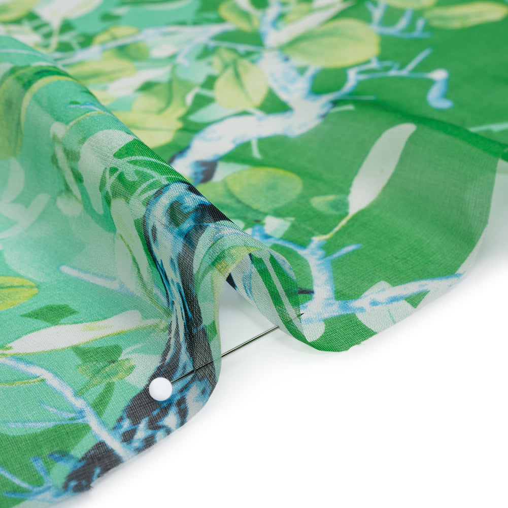 Silk Voile Print - Green and Blue Birds Among Leaves - Deadstock