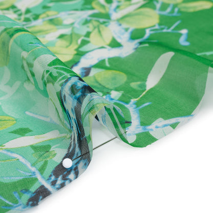 Silk Voile Print - Green and Blue Birds Among Leaves - Deadstock