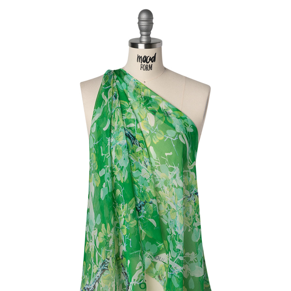 Silk Voile Print - Green and Blue Birds Among Leaves - Deadstock