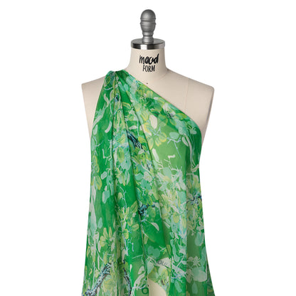Silk Voile Print - Green and Blue Birds Among Leaves - Deadstock
