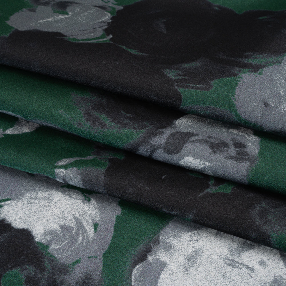 Silk Charmeuse Print - Dark Green, Gray and Black Painted Roses - Deadstock - Folded