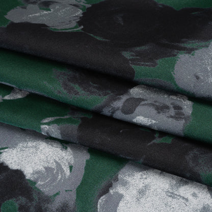 Silk Charmeuse Print - Dark Green, Gray and Black Painted Roses - Deadstock