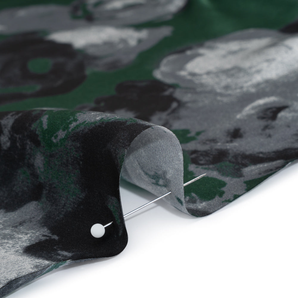 Silk Charmeuse Print - Dark Green, Gray and Black Painted Roses - Deadstock - Detail