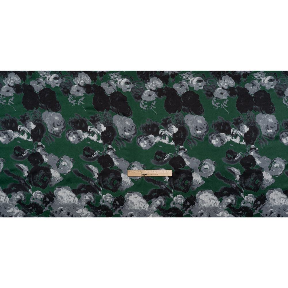 Silk Charmeuse Print - Dark Green, Gray and Black Painted Roses - Deadstock - Full