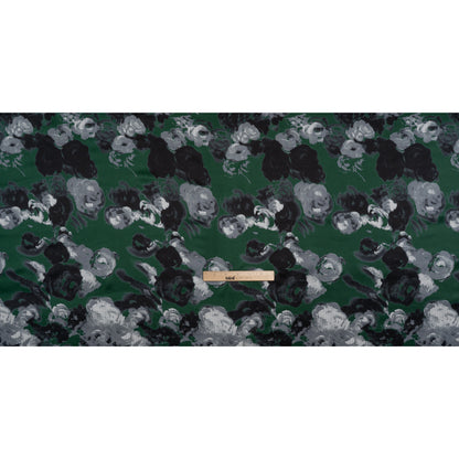 Silk Charmeuse Print - Dark Green, Gray and Black Painted Roses - Deadstock