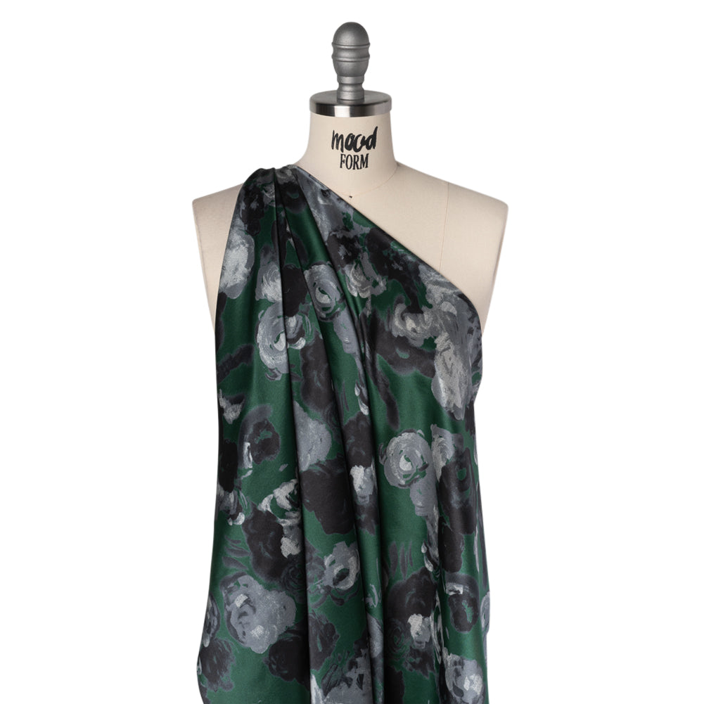 Silk Charmeuse Print - Dark Green, Gray and Black Painted Roses - Deadstock - Drape