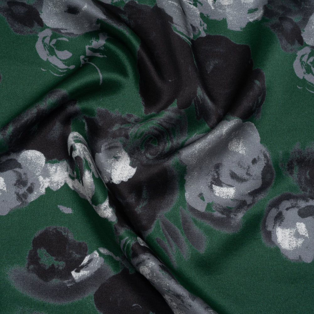 Silk Charmeuse Print - Dark Green, Gray and Black Painted Roses - Deadstock