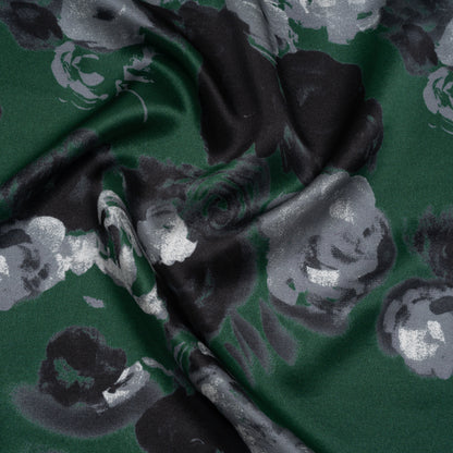 Silk Charmeuse Print - Dark Green, Gray and Black Painted Roses - Deadstock