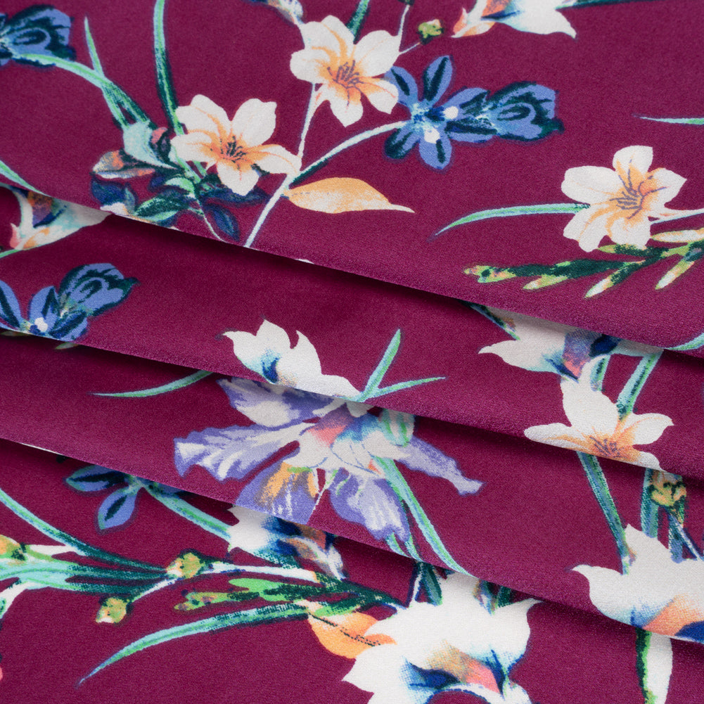 Stretch Silk Charmeuse Print - Purple, Periwinkle and Cream Floral - Deadstock - Folded