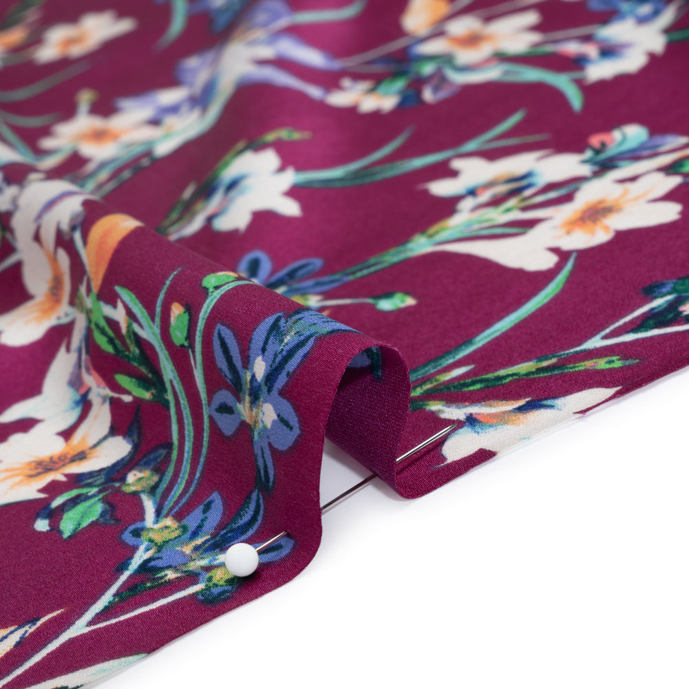 Stretch Silk Charmeuse Print - Purple, Periwinkle and Cream Floral - Deadstock - Detail
