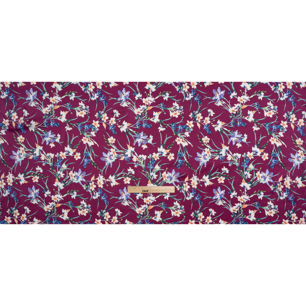 Stretch Silk Charmeuse Print - Purple, Periwinkle and Cream Floral - Deadstock - Full
