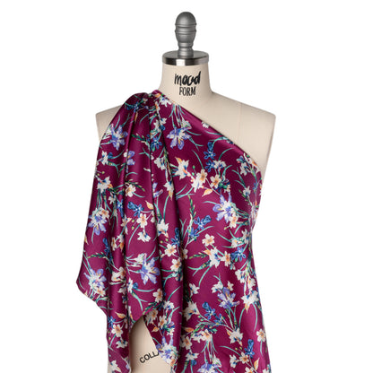 Stretch Silk Charmeuse Print - Purple, Periwinkle and Cream Floral - Deadstock