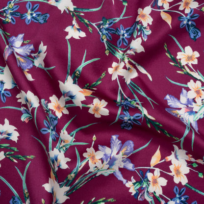 Stretch Silk Charmeuse Print - Purple, Periwinkle and Cream Floral - Deadstock